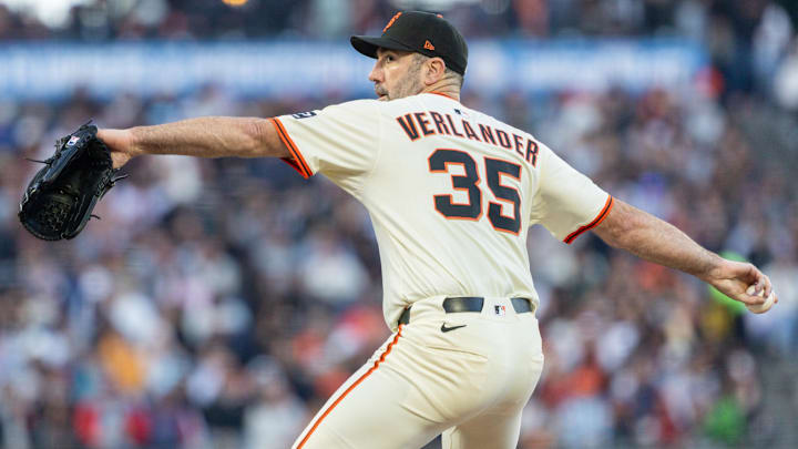 Jun 18, 2025; San Francisco, California, USA; San Francisco Giants pitcher Justin Verlander (35) throws a pitch during the fourth inning against the Cleveland Guardians at Oracle Park.