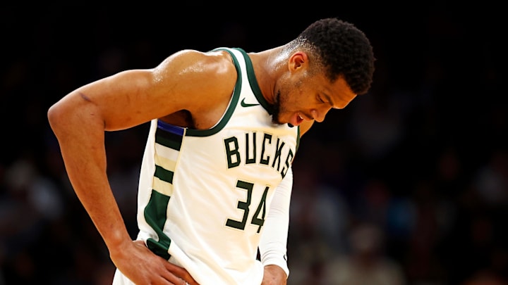 Mar 24, 2025; Phoenix, Arizona, USA; Milwaukee Bucks forward Giannis Antetokounmpo (34) reacts during the first quarter against the Phoenix Suns at Footprint Center. Mandatory Credit: Mark J. Rebilas-Imagn Images