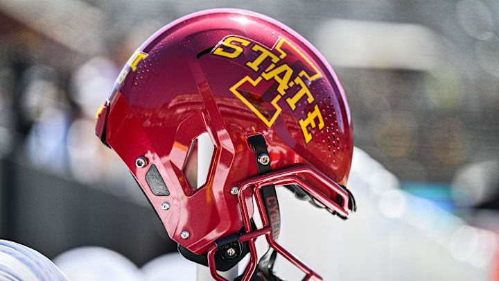 Sep 7, 2024; Iowa City, Iowa, USA; An Iowa State Cyclones helmet sits on the sidelines before the game against the Iowa Hawkeyes at Kinnick Stadium. 