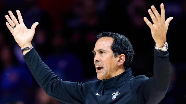 Nov 29, 2025; Miami, Florida, USA; Miami Heat head coach Erik Spoelstra reacts during the second half against the Detroit Pistons at Kaseya Center. Mandatory Credit: Rhona Wise-Imagn Images Nov 29, 2025; Miami, Florida, USA; Miami Heat head coach Erik Spoelstra reacts during the second half against the Detroit Pistons at Kaseya Center. Mandatory Credit: Rhona Wise-Imagn Images