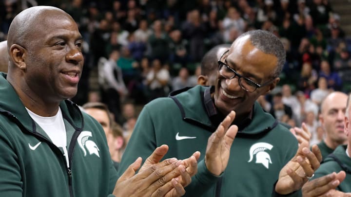 MSU basketball greats Earving Johnson and Gregory Kelser and many of the 1979 National Championship team make an appearance at half-time during the MSU- Minnesota game Saturday, Feb. 9, 2019.

Msu Minnesota 1
