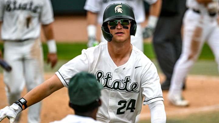 Michigan State's Sam Busch celebrates his home run against Ohio State during the fifth inning on Friday, April 18, 2025, at McLane Stadium in East Lansing.