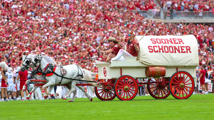 Oklahoma's Sooner Schooner runs onto the field during an SEC contest against Auburn. Oklahoma's Sooner Schooner runs onto the field during an SEC contest against Auburn.