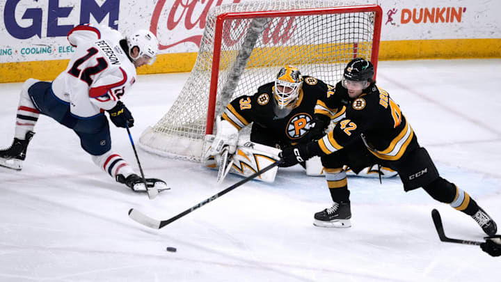 Providence Bruins goalie Michael DiPietro and defender Frederic Brunet deflect the puck from Thunderbird Dylan Peterson away from the Providence goal.