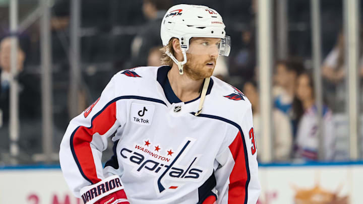 Apr 5, 2026; New York, New York, USA; Washington Capitals defenseman Rasmus Sandin (38) warms up before the first period against the New York Rangers at Madison Square Garden. Mandatory Credit: Danny Wild-Imagn Images