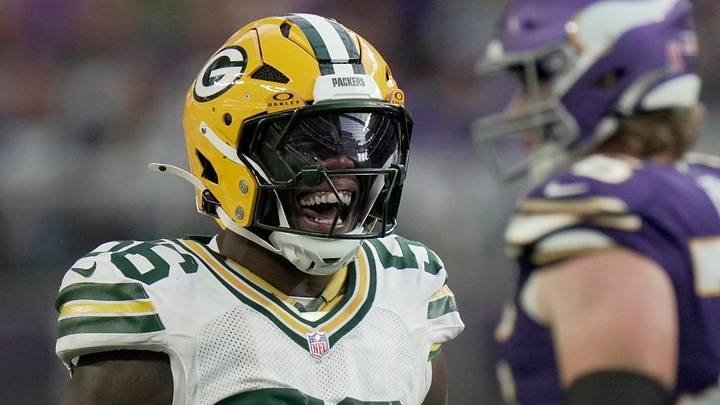 Green Bay Packers linebacker Edgerrin Cooper (56) reacts after sacking Minnesota Vikings quarterback Carson Wentz. Green Bay Packers linebacker Edgerrin Cooper (56) reacts after sacking Minnesota Vikings quarterback Carson Wentz.