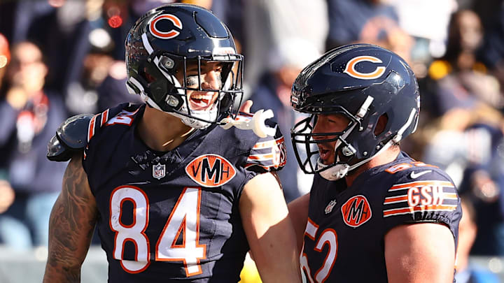 Nov 23, 2025; Chicago, Illinois, USA; Chicago Bears tight end Colston Loveland (84) reacts after scoring a touchdown against the Pittsburgh Steelers during the second half at Soldier Field.