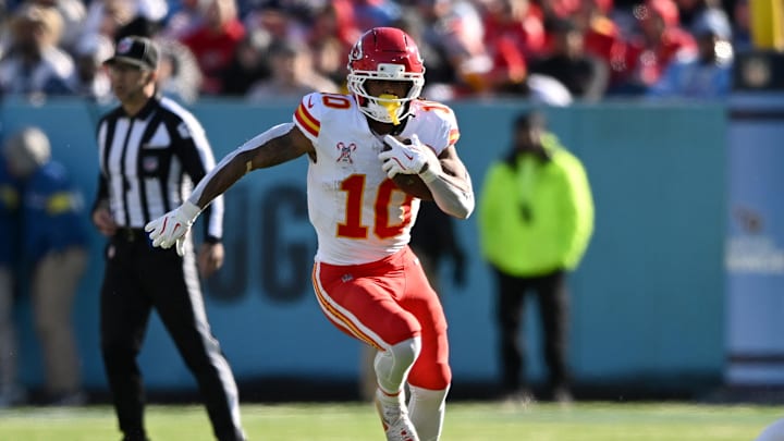Dec 21, 2025; Nashville, Tennessee, USA; Kansas City Chiefs running back Isiah Pacheco (10) runs during the first half against the Tennessee Titans at Nissan Stadium. Mandatory Credit: Steve Roberts-Imagn Images Dec 21, 2025; Nashville, Tennessee, USA; Kansas City Chiefs running back Isiah Pacheco (10) runs during the first half against the Tennessee Titans at Nissan Stadium. Mandatory Credit: Steve Roberts-Imagn Images