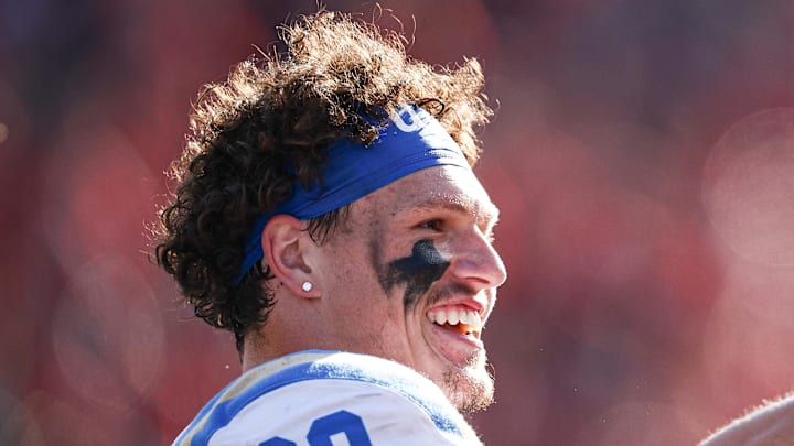 Oct 19, 2024; Piscataway, New Jersey, USA; UCLA Bruins linebacker Kain Medrano (20) celebrates during the second half against the Rutgers Scarlet Knights at SHI Stadium. Mandatory Credit: Vincent Carchietta-Imagn Images