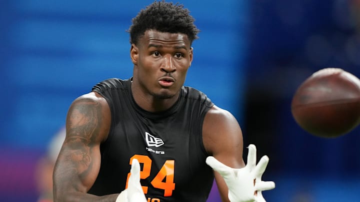 Feb 28, 2026; Indianapolis, IN, USA; Georgia State wideout Ted Hurst (WO24) during the NFL Scouting Combine at Lucas Oil Stadium. Mandatory Credit: Kirby Lee-Imagn Images Feb 28, 2026; Indianapolis, IN, USA; Georgia State wideout Ted Hurst (WO24) during the NFL Scouting Combine at Lucas Oil Stadium. Mandatory Credit: Kirby Lee-Imagn Images