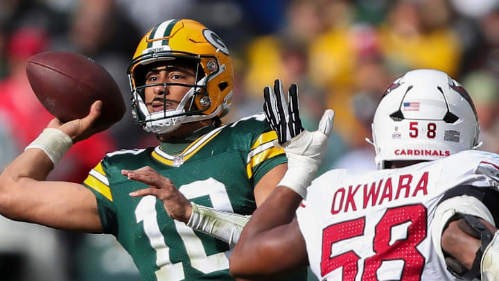 Green Bay Packers quarterback Jordan Love (10) passes the ball against the Arizona Cardinals on Oct. 13, 2024. Green Bay Packers quarterback Jordan Love (10) passes the ball against the Arizona Cardinals on Oct. 13, 2024.