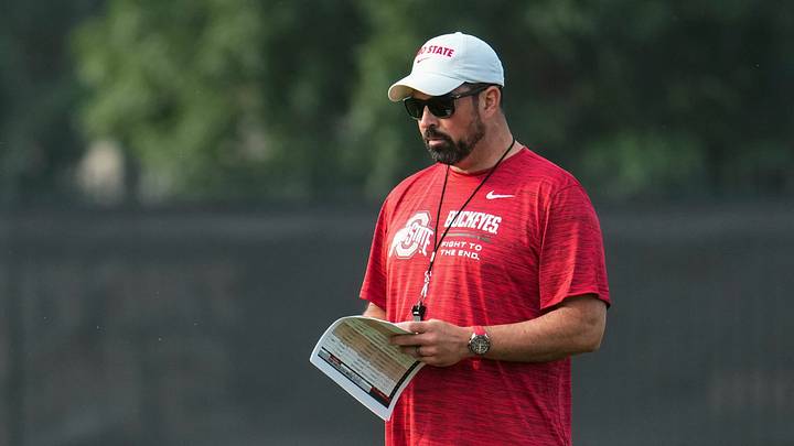 Ohio State Buckeyes head coach Ryan Day watches during the first practice of training camp at the Woody Hayes Athletic Center in Columbus on Aug. 6, 2026. Ohio State Buckeyes head coach Ryan Day watches during the first practice of training camp at the Woody Hayes Athletic Center in Columbus on Aug. 6, 2026.