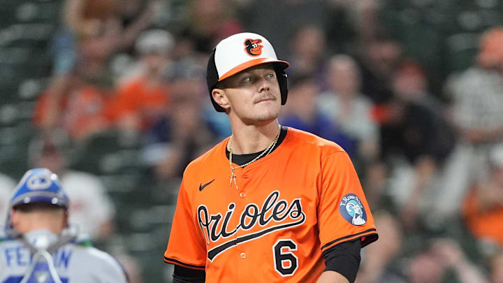 May 3, 2025; Baltimore, Maryland, USA; Baltimore Orioles first baseman Ryan Mountcastle (6) after an at bat against the Kansas City Royals during the eighth inning at Oriole Park at Camden Yards. Mandatory Credit: Gregory Fisher-Imagn Images
