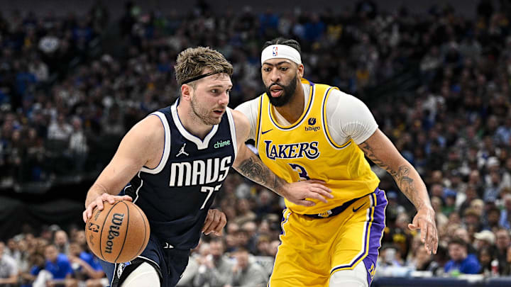 Dec 12, 2023; Dallas, Texas, USA; Dallas Mavericks guard Luka Doncic (77) and Los Angeles Lakers forward Anthony Davis (3) in action during the game between the Dallas Mavericks and the Los Angeles Lakers at the American Airlines Center. Mandatory Credit: Jerome Miron-Imagn Images Dec 12, 2023; Dallas, Texas, USA; Dallas Mavericks guard Luka Doncic (77) and Los Angeles Lakers forward Anthony Davis (3) in action during the game between the Dallas Mavericks and the Los Angeles Lakers at the American Airlines Center. Mandatory Credit: Jerome Miron-Imagn Images