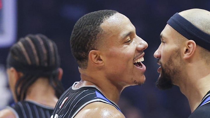 Apr 25, 2026; Orlando, Florida, USA; Orlando Magic guard Desmond Bane (3) and guard Jalen Suggs (4) react after a play against the Detroit Pistons in the second quarter during game three of the first round of the 2026 NBA Playoffs at Kia Center. Mandatory Credit: Nathan Ray Seebeck-Imagn Images