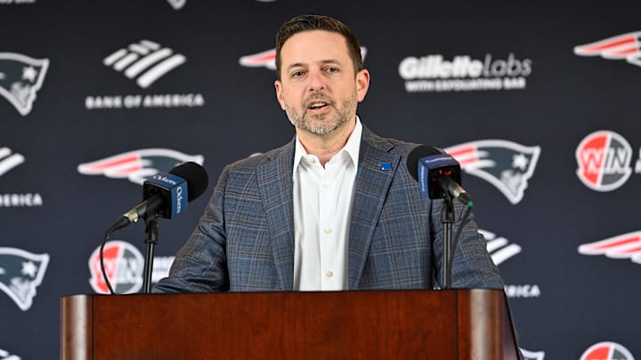 Mar 13, 2025; Foxborough, MA, USA; New England Patriots executive vice president of player personnel Eliot Wolf  discusses the teamís recent free agent additions with the media at Gillette Stadium. Mandatory Credit: Eric Canha-Imagn Images