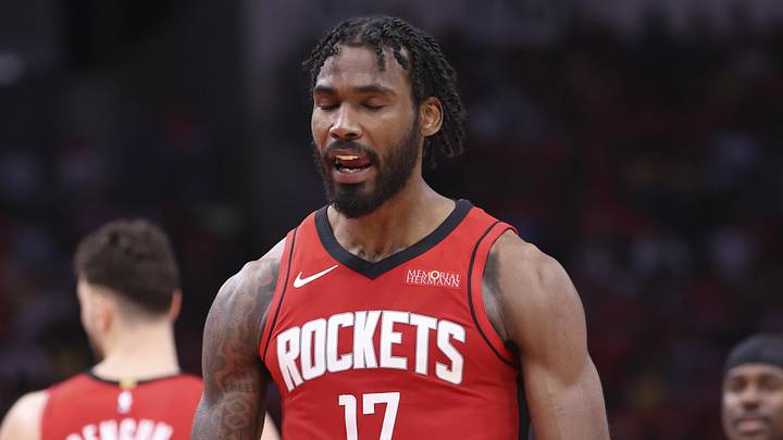 Apr 24, 2026; Houston, Texas, USA; Houston Rockets forward Tari Eason (17) reacts after a play during the first quarter against the Los Angeles Lakers during game three of the first round of the 2026 NBA Playoffs at Toyota Center. Mandatory Credit: Troy Taormina-Imagn Images