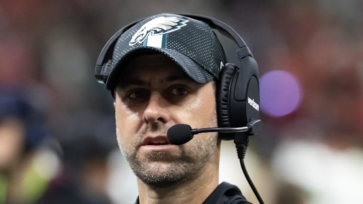 Feb 9, 2025; New Orleans, LA, USA; Philadelphia Eagles  pass game coordinator Kevin Patullo against the Kansas City Chiefs during Super Bowl LIX at Ceasars Superdome. Mandatory Credit: Mark J. Rebilas-Imagn Images