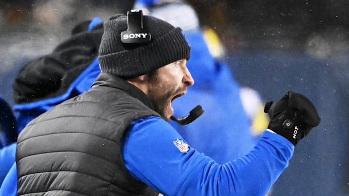 Jan 18, 2026; Chicago, IL, USA; Los Angeles Rams head coach Sean McVay reacts after a defensive stop against the Chicago Bears during the fourth quarter of an NFC Divisional Round game at Soldier Field. Mandatory Credit: Matt Marton-Imagn Images