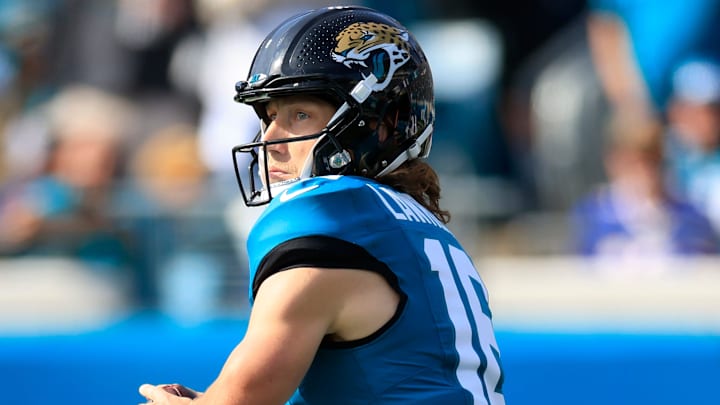 Jacksonville Jaguars quarterback Trevor Lawrence (16) looks to pass during the first quarter of an NFL football AFC Wild Card playoff matchup, Sunday, Jan. 11, 2026, in Jacksonville, Fla. The Bills defeated the Jaguars 27-24. [Corey Perrine/Florida Times-Union]