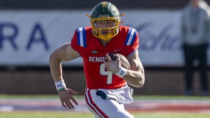 Jan 31, 2026; Mobile, AL, USA;  National quarterback Cole Payton (9) of North Dakota State runs the ball during the first half of the 2026 Senior Bowl at University of South Alabama, Hancock Whitney Stadium. Mandatory Credit: Vasha Hunt-Imagn Images