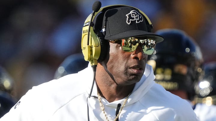Oct 7, 2023; Tempe, Arizona, USA; Colorado Buffaloes head coach Deion Sanders walks the sidelines as his team takes on the ASU Sun Devils at Mountain America Stadium.