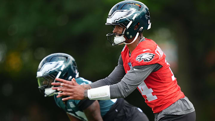 Philadelphia Eagles quarterback Dorian Thompson-Robinson (14) performs a practice drill at NovaCare Complex.