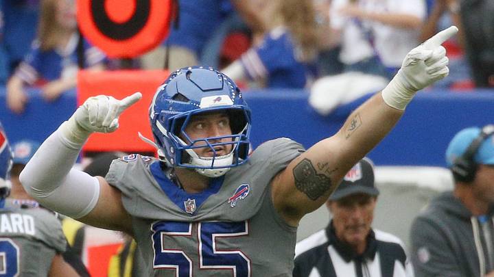 Bills linebacker Michael Hoecht celebrates after the defense stopped the Chargers on fourth down, turning the ball over in the fourth quarter during their game Sunday, September 27, 2026 at Highmark Stadium in Orchard Park, NY.