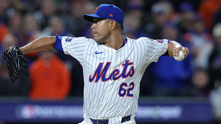 Oct 17, 2024; New York City, New York, USA; New York Mets pitcher Jose Quintana (62) throws a pitch against the Los Angeles Dodgers in the first inning during game four of the NLCS for the 2024 MLB playoffs at Citi Field. Mandatory Credit: Brad Penner-Imagn Images