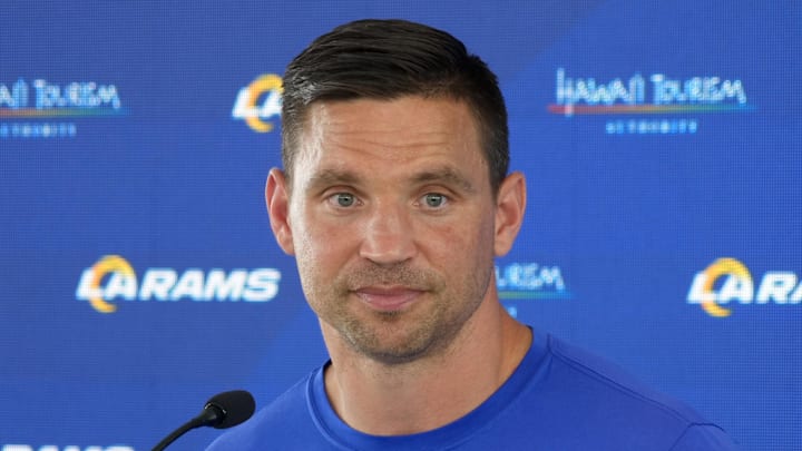 Jun 3, 2025; Woodland Hills, CA, USA; Los Angeles Rams defensive coordinator Chris Shula at press conference during organized team activities at Rams Practice Facility. Mandatory Credit: Kirby Lee-Imagn Images