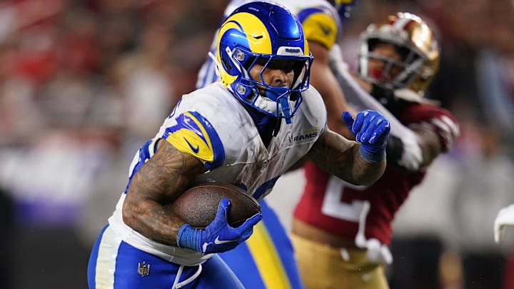 Dec 12, 2024; Santa Clara, California, USA; Los Angeles Rams running back Kyren Williams (23) runs the ball against the San Francisco 49ers in the fourth quarter at Levi's Stadium. Mandatory Credit: Cary Edmondson-Imagn Images