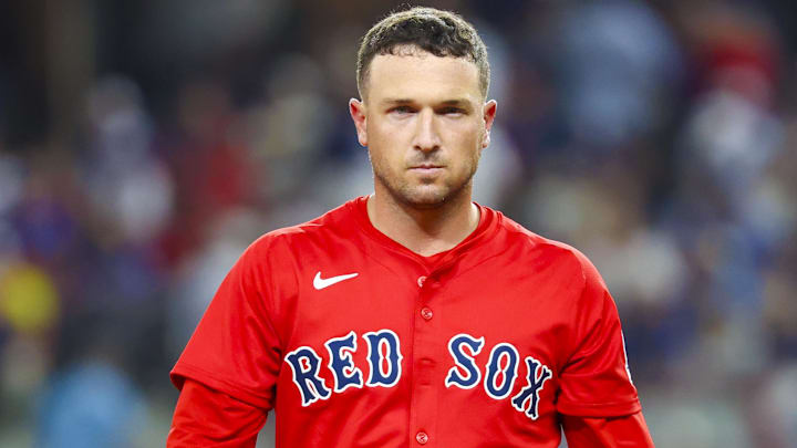 Mar 28, 2025; Arlington, Texas, USA;  Boston Red Sox third baseman Alex Bregman (2) reacts during the game against the Texas Rangers at Globe Life Field