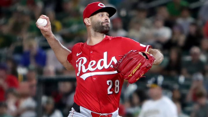 Sep 13, 2025; West Sacramento, California, USA; Cincinnati Reds pitcher Nick Martinez (28) throws a pitch against the Athletics during the fourth inning at Sutter Health Park.