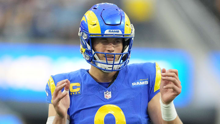 Dec 17, 2023; Inglewood, California, USA; Los Angeles Rams quarterback Matthew Stafford (9) gestures in the second half against the Washington Commanders at SoFi Stadium. Mandatory Credit: Kirby Lee-Imagn Images