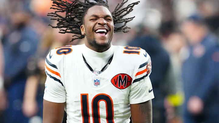 Sep 28, 2025; Paradise, Nevada, USA; Chicago Bears wide receiver Luther Burden III (10) celebrates after the game against the Las Vegas Raiders at Allegiant Stadium.