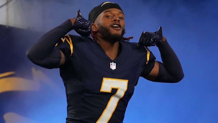Nov 25, 2024; Inglewood, California, USA; Los Angeles Chargers cornerback Kristian Fulton (7) enters the field before the game against the Baltimore Ravens at SoFi Stadium. Mandatory Credit: Kirby Lee-Imagn Images