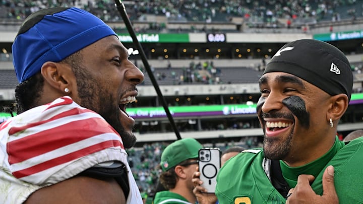 New York Giants linebacker Kayvon Thibodeaux and Philadelphia Eagles quarterback Jalen Hurts.