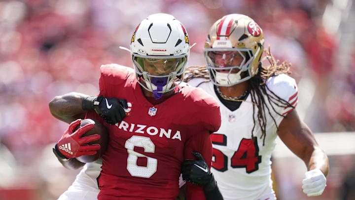 Sep 21, 2025; Santa Clara, California, USA; Arizona Cardinals running back James Conner (6) is tackled by San Francisco 49ers linebacker Dee Winters (53) during the first half at Levi's Stadium. Mandatory Credit: Cary Edmondson-Imagn Images Sep 21, 2025; Santa Clara, California, USA; Arizona Cardinals running back James Conner (6) is tackled by San Francisco 49ers linebacker Dee Winters (53) during the first half at Levi's Stadium. Mandatory Credit: Cary Edmondson-Imagn Images