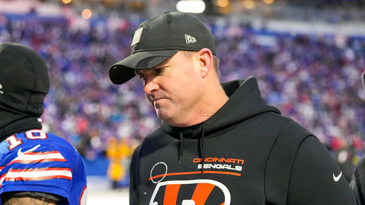 Cincinnati Bengals head coach Zac Taylor heads for the locker room after the fourth quarter of the NFL Week 14 game between the Buffalo Bills and the Cincinnati Bengals at Highmark Stadium in Orchard Park, N.Y., on Sunday, Dec. 7, 2025. The Bills overcame a halftime deficit to win 39-34.