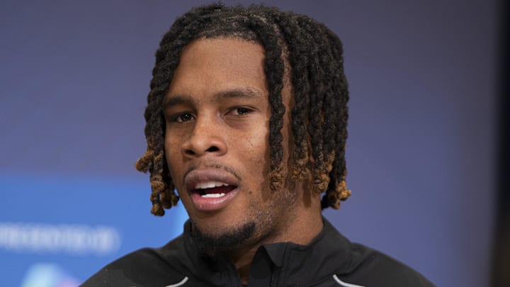 Feb 26, 2026; Indianapolis, IN, USA; Arizona State defensive back Keith Abney II (DB01) speaks to members of the media during the NFL Combine at the Indiana Convention Center. Mandatory Credit: Jacob Musselman-Imagn Images