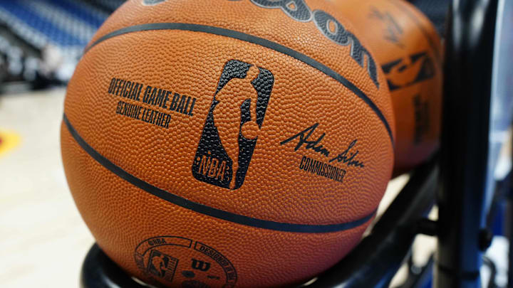 Apr 19, 2025; Denver, Colorado, USA; General view of a NBA Wilson basketball before the game between the LA Clippers against the Denver Nuggets at Ball Arena. Mandatory Credit: Ron Chenoy-Imagn Images