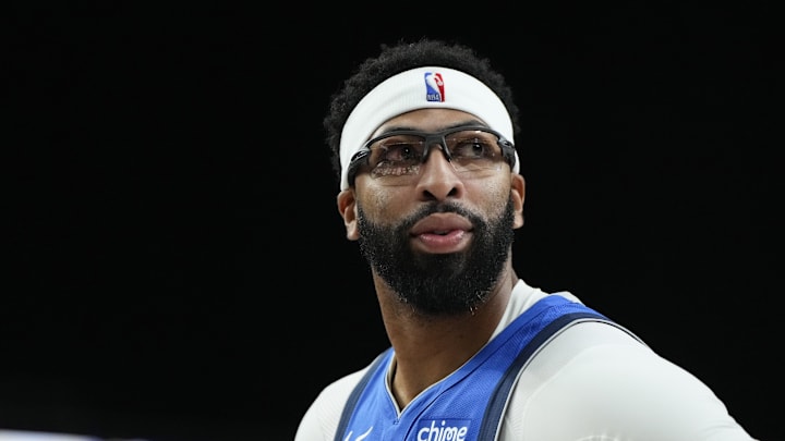 Oct 15, 2025; Las Vegas, Nevada, USA; Dallas Mavericks forward Anthony Davis (3) looks outward during the first half against the Los Angeles Lakers at T-Mobile Arena. Mandatory Credit: Lucas Peltier-Imagn Images