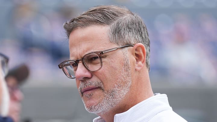 Oct 13, 2025; Toronto, Ontario, CAN; Toronto Blue Jays general manager Ross Atkins talks with the media during batting practice between the Toronto Blue Jays and Seattle Mariners before game two of the ALCS round for the 2025 MLB playoffs at Rogers Centre. Oct 13, 2025; Toronto, Ontario, CAN; Toronto Blue Jays general manager Ross Atkins talks with the media during batting practice between the Toronto Blue Jays and Seattle Mariners before game two of the ALCS round for the 2025 MLB playoffs at Rogers Centre.
