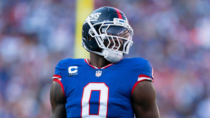 New York Giants linebacker Brian Burns (0) celebrates after breaking up a pass during a week 9 game between New York Giants and San Francisco 49ers at MetLife Stadium on Sunday, Nov. 2, 2025.