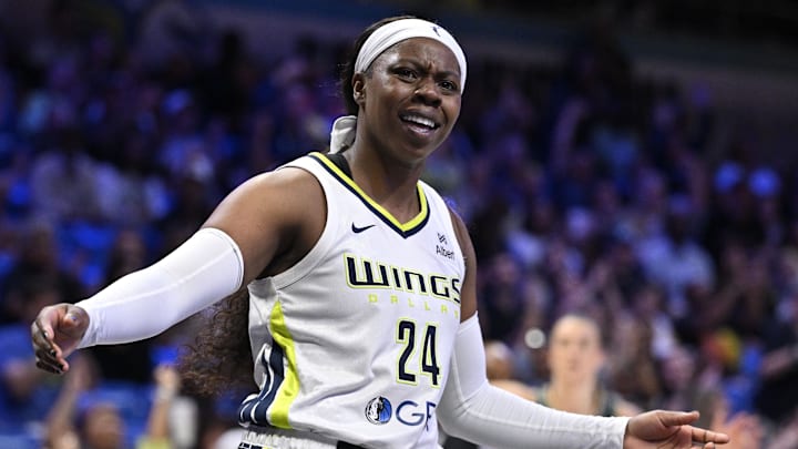 Aug 8, 2025; Arlington, Texas, USA; Dallas Wings guard Arike Ogunbowale (24) reacts to a call during the second half New York Liberty at College Park Center. Mandatory Credit: Jerome Miron-Imagn Images
