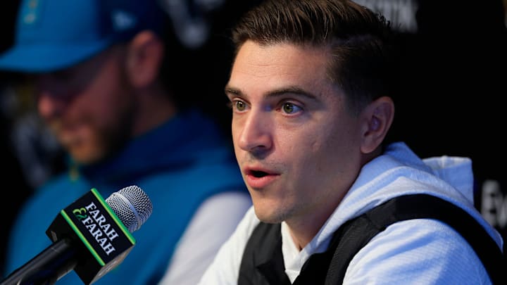 Jacksonville Jaguars general manager James Gladstone speaks during a press conference next to head coach Liam Coen at the Miller Electric Center, Wednesday, Jan. 14, 2026, in Jacksonville, Fla.