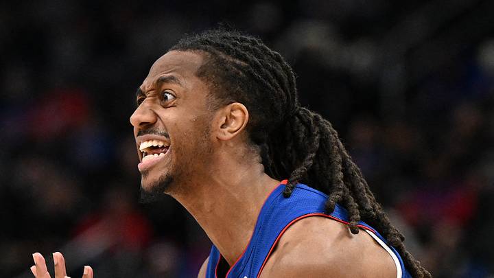 Feb 3, 2026; Detroit, Michigan, USA; Detroit Pistons guard Daniss Jenkins (24) reacts after being called for a foul against the Denver Nuggets in the fourth quarter at Little Caesars Arena. Mandatory Credit: Lon Horwedel-Imagn Images