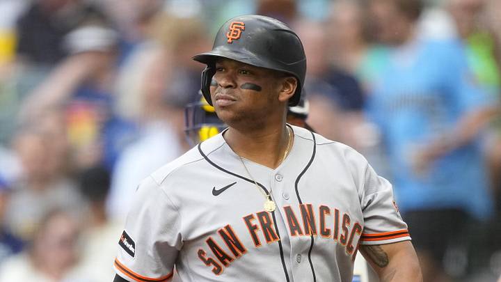 San Francisco Giants first baseman Rafael Devers (16) looks around 