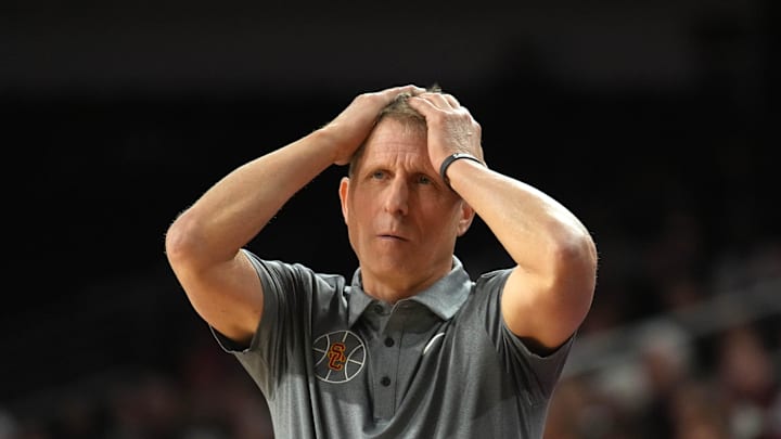 Feb 21, 2026; Los Angeles, California, USA; Southern California Trojans head coach Eric Musselman reacts against the Oregon Ducks in the second half at Galen Center. Mandatory Credit: Kirby Lee-Imagn Images