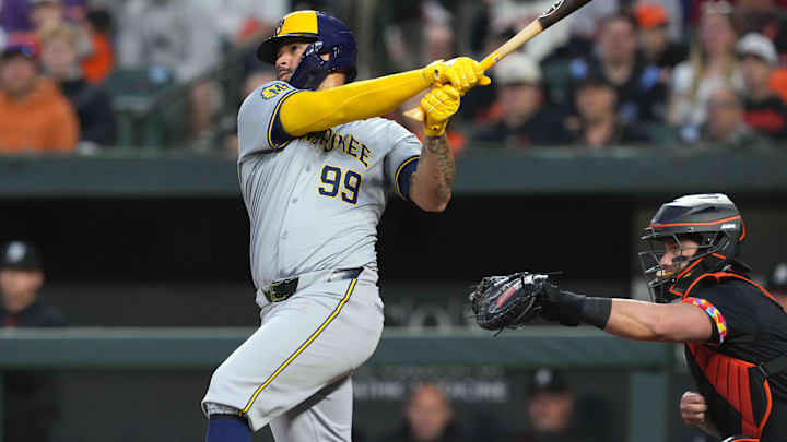 Apr 12, 2024; Baltimore, Maryland, USA; Milwaukee Brewers designated hitter Gary Sanchez (99) connects on a two run home run in the second inning against the Baltimore Orioles at Oriole Park at Camden Yards Apr 12, 2024; Baltimore, Maryland, USA; Milwaukee Brewers designated hitter Gary Sanchez (99) connects on a two run home run in the second inning against the Baltimore Orioles at Oriole Park at Camden Yards